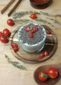 Tiramisù salé tomate, pesto et éclats de lin par Florence Oustau — Lin des Pyrénées